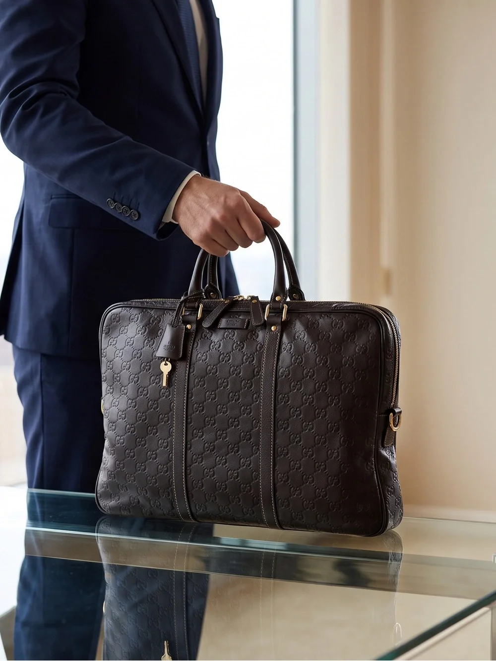 GUCCI Embossed GUCCISIMA Leather Briefcase - Dark Brown PROFESSIONAL